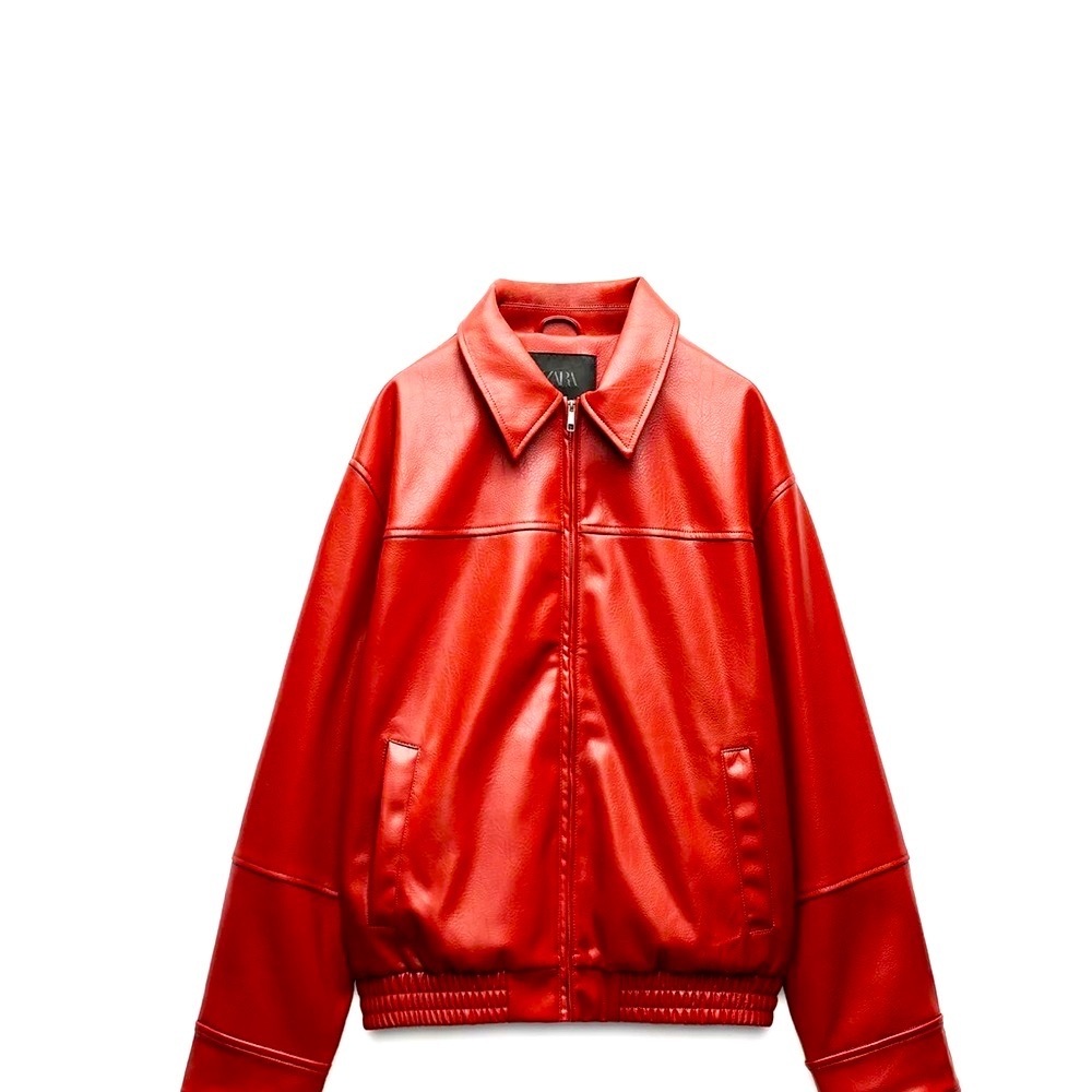 Zara Red Faux Leather Bomber Jacket